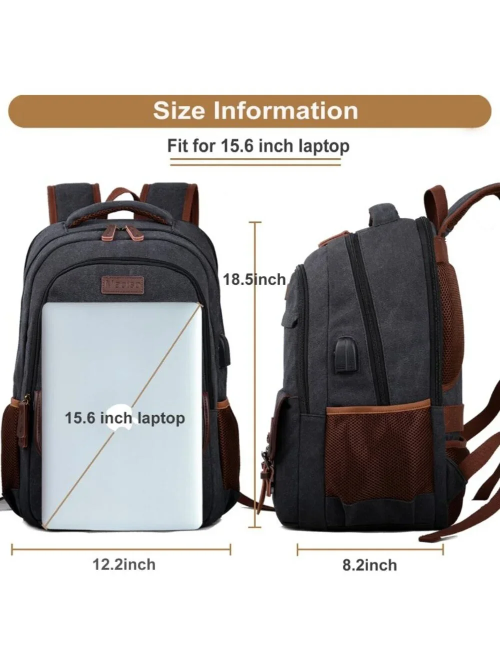 Stylish Canvas Laptop Backpack for Travel, Work, College - Fits 15.6
